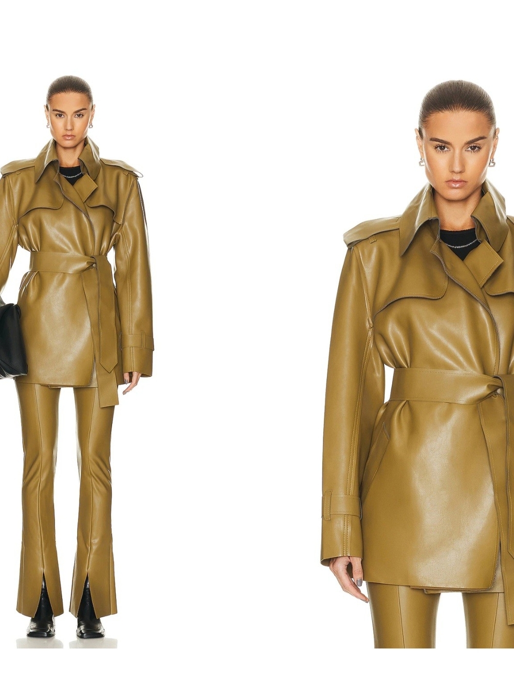 Norma Kamali Olive Leather Belted Trench Coat